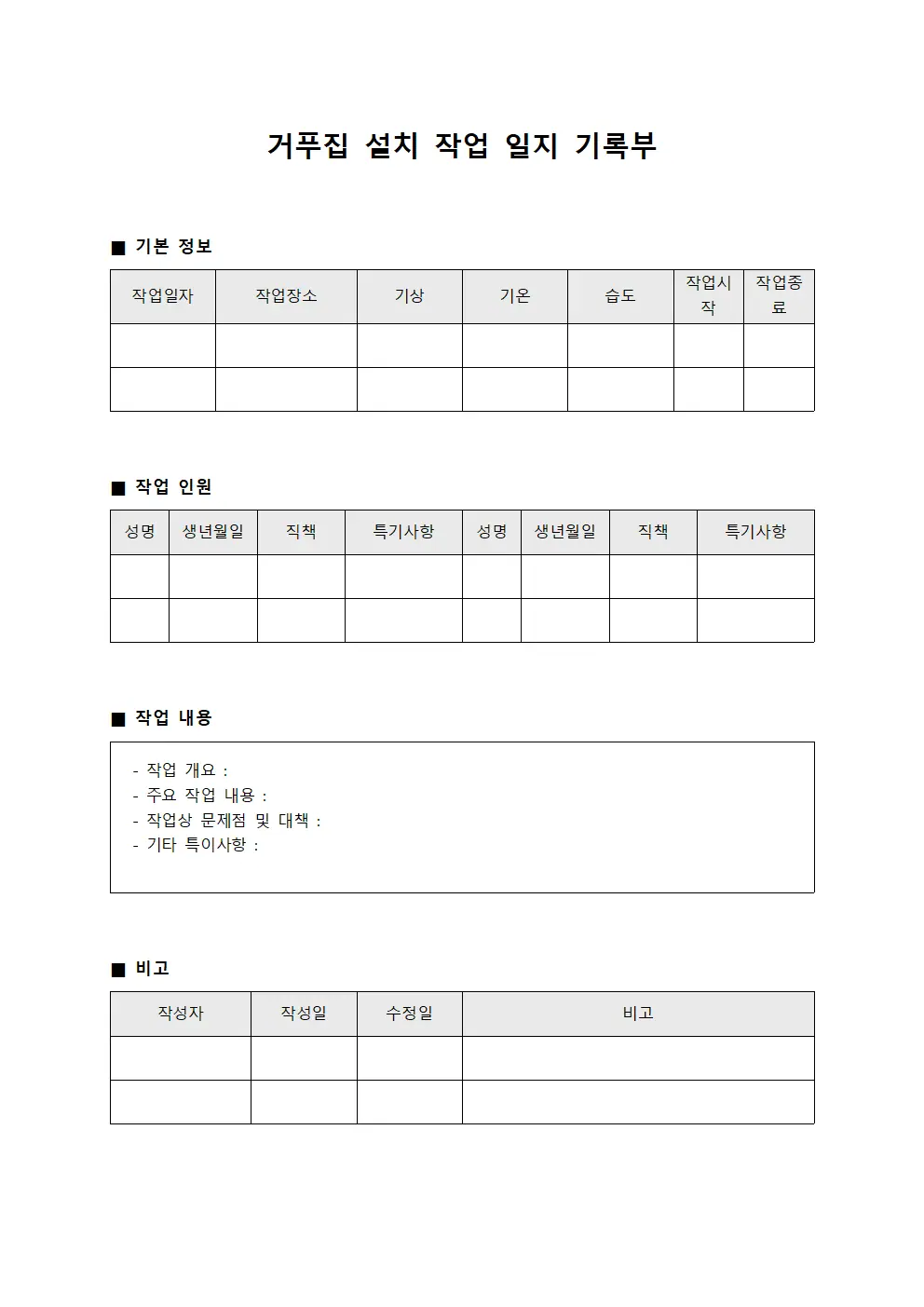 거푸집 설치 작업 일지 기록부