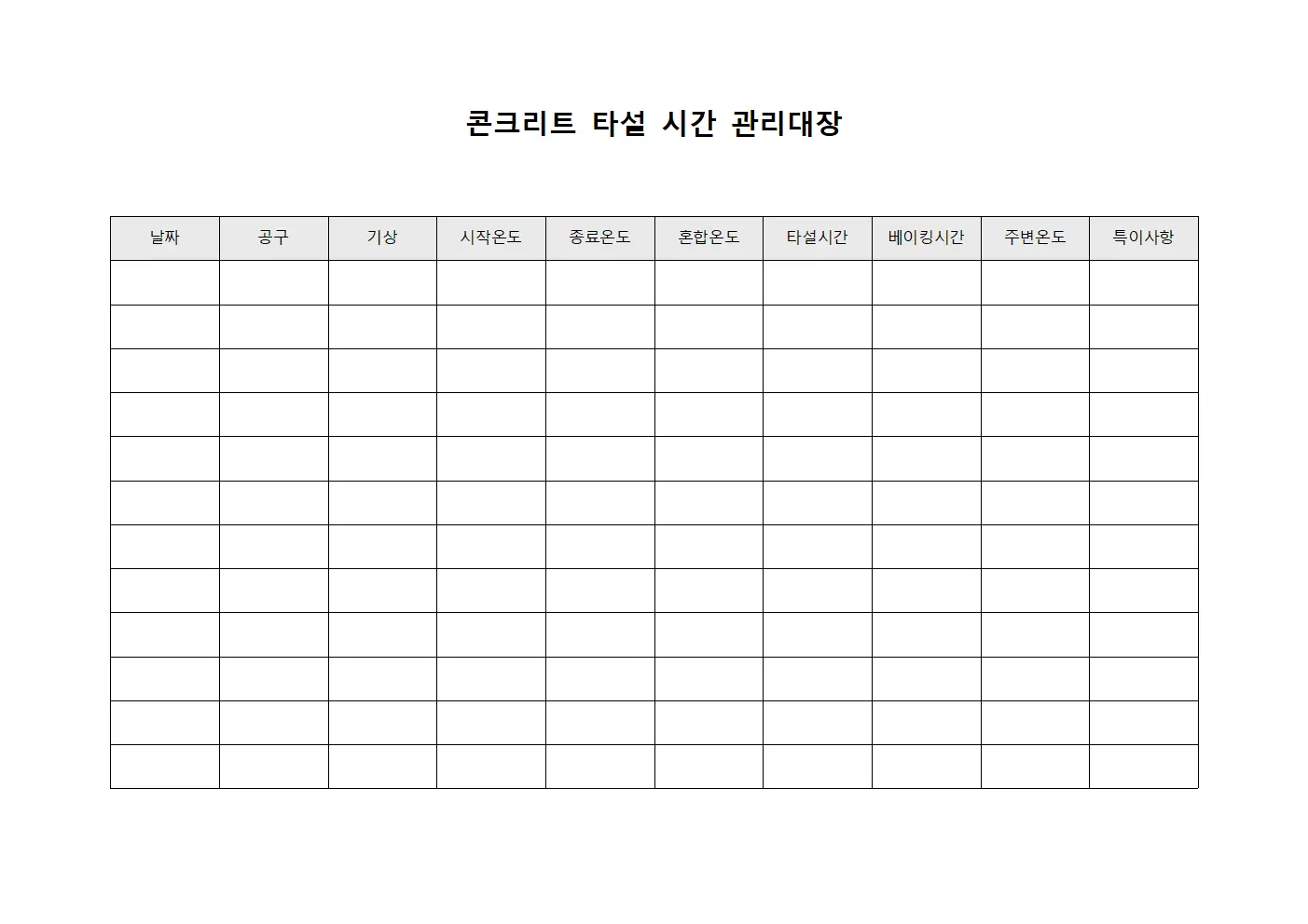 콘크리트 타설 시간 관리대장