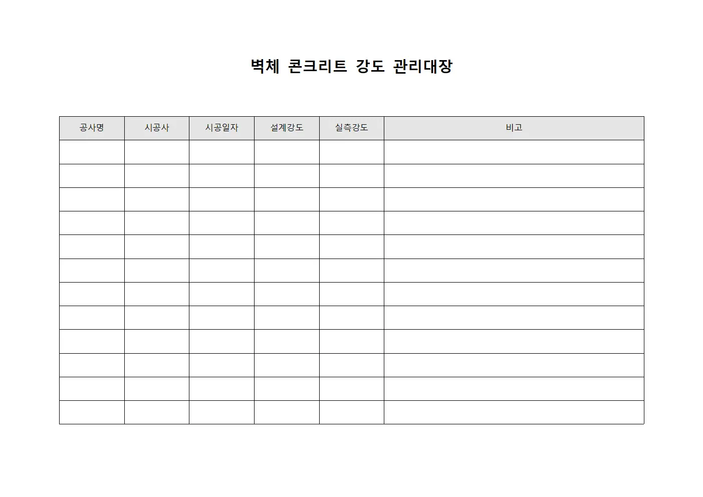벽체 콘크리트 강도 관리대장