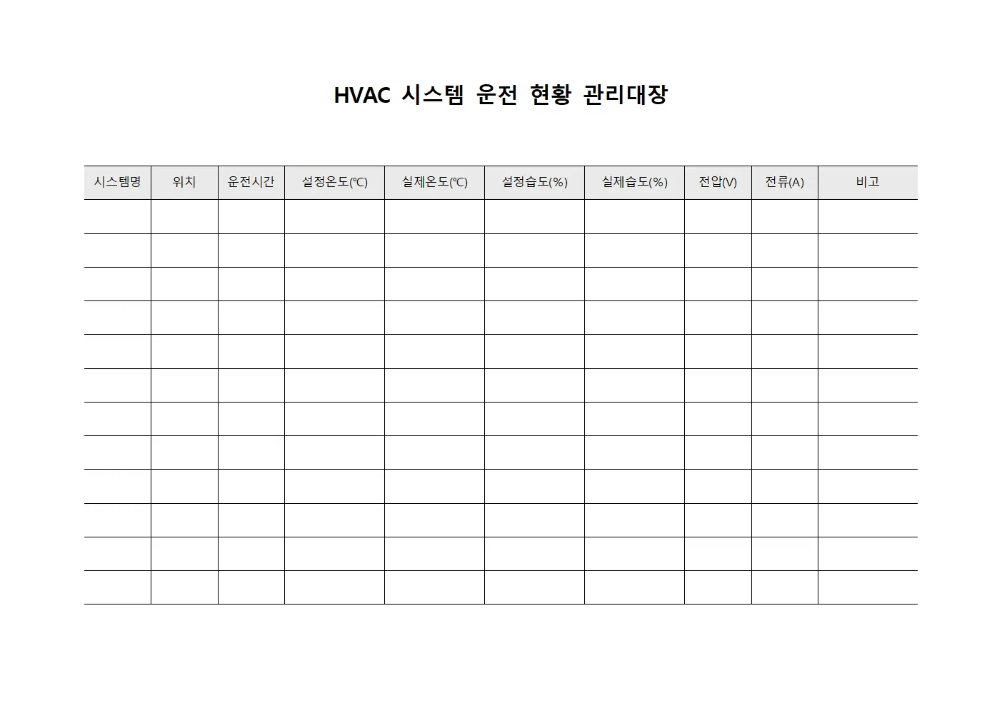 HVAC 시스템 운전 현황 관리대장
