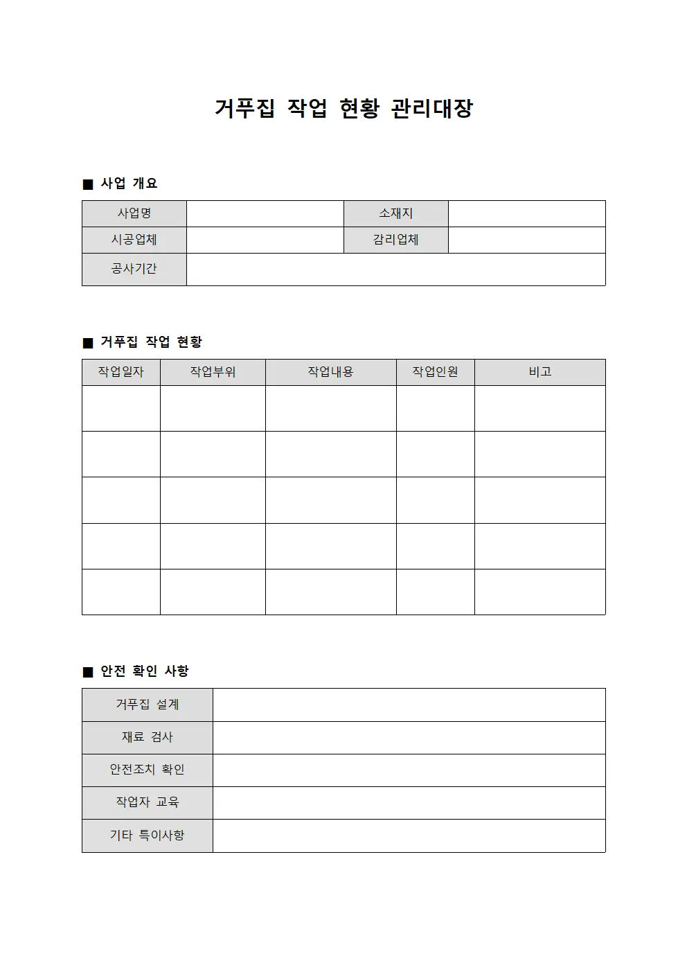 거푸집 작업 현황 관리대장