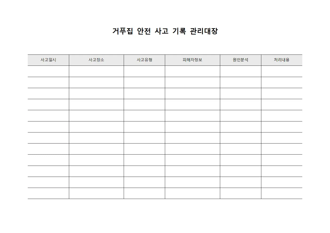 거푸집 안전 사고 기록 관리대장 양식.서식