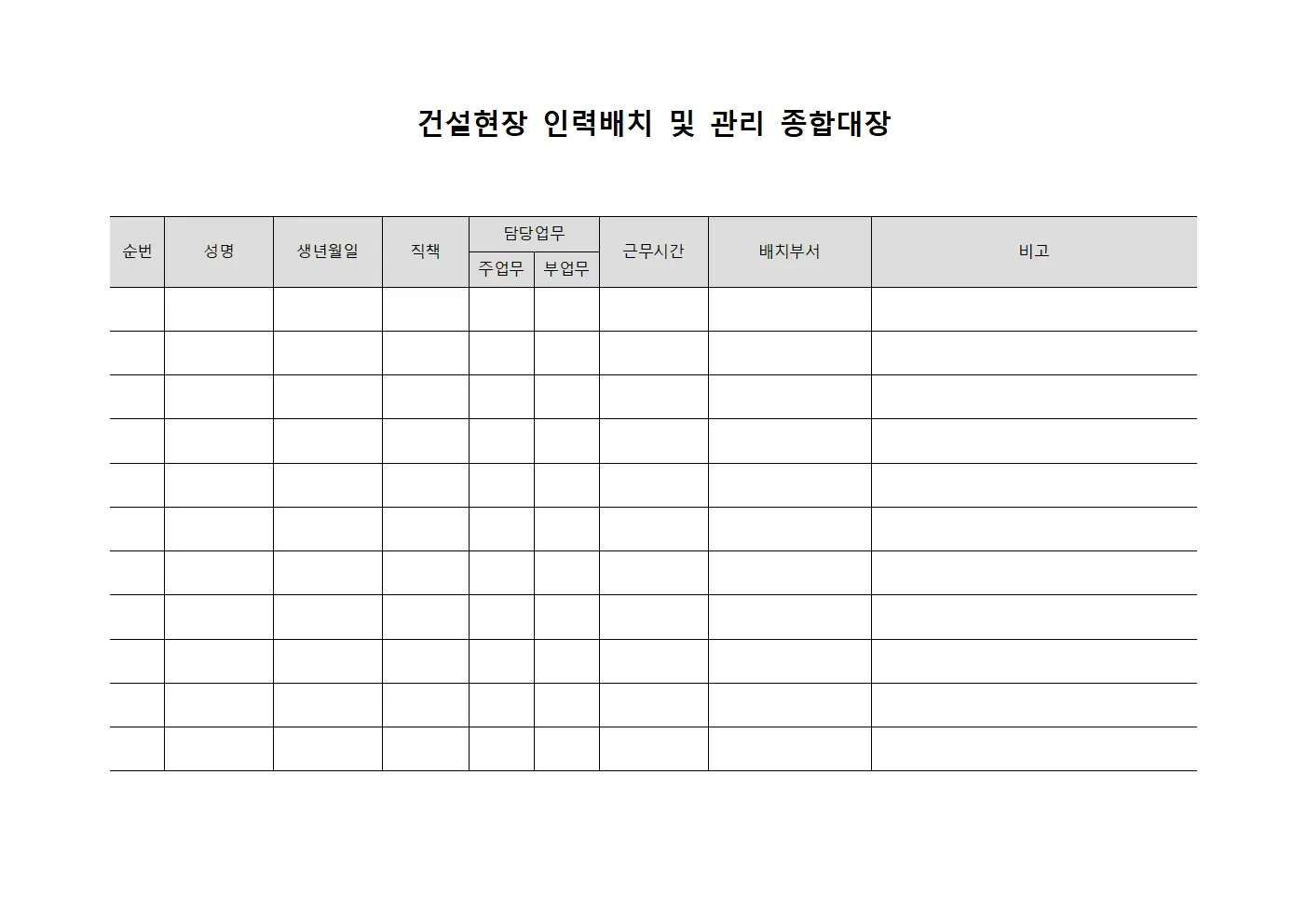 건설현장 인력배치 및 관리 종합대장