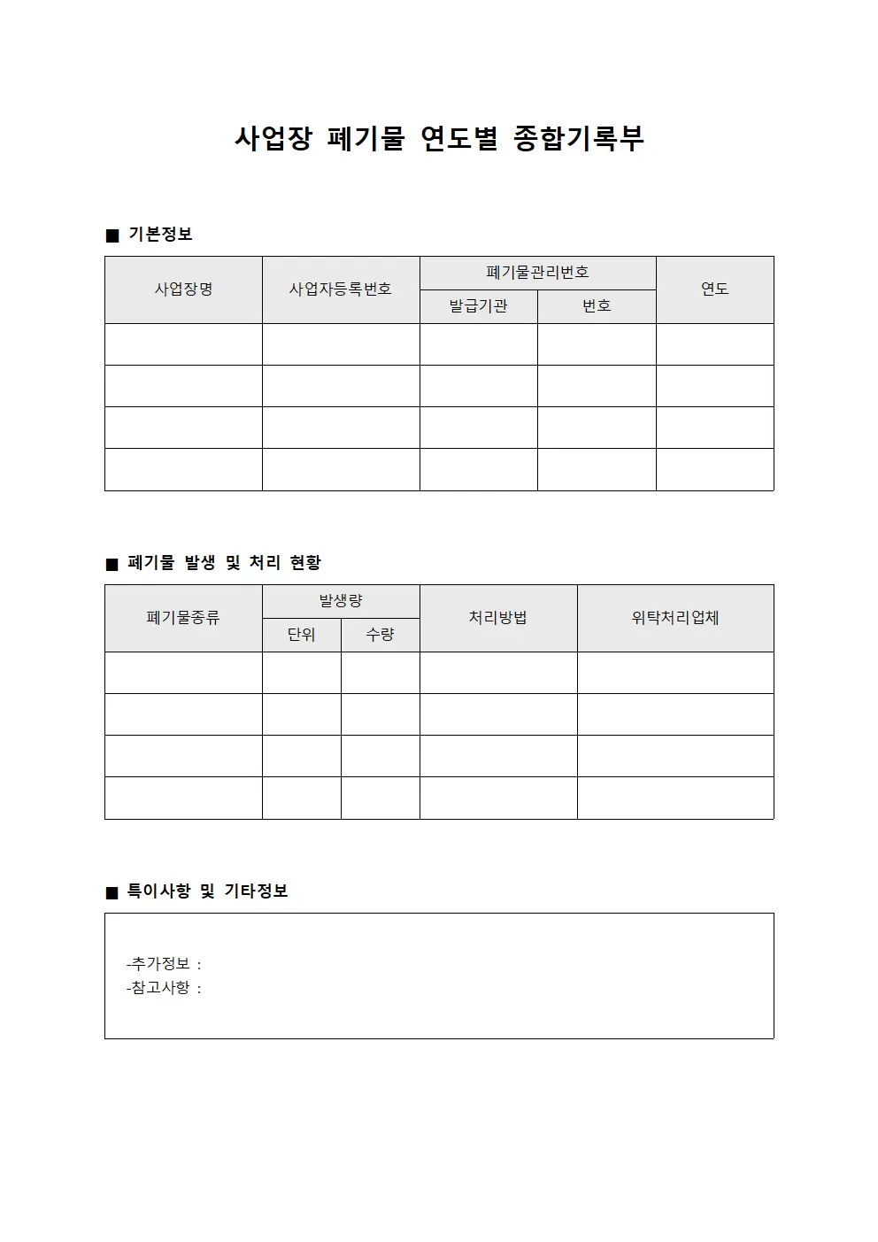 사업장 폐기물 연도별 종합기록부