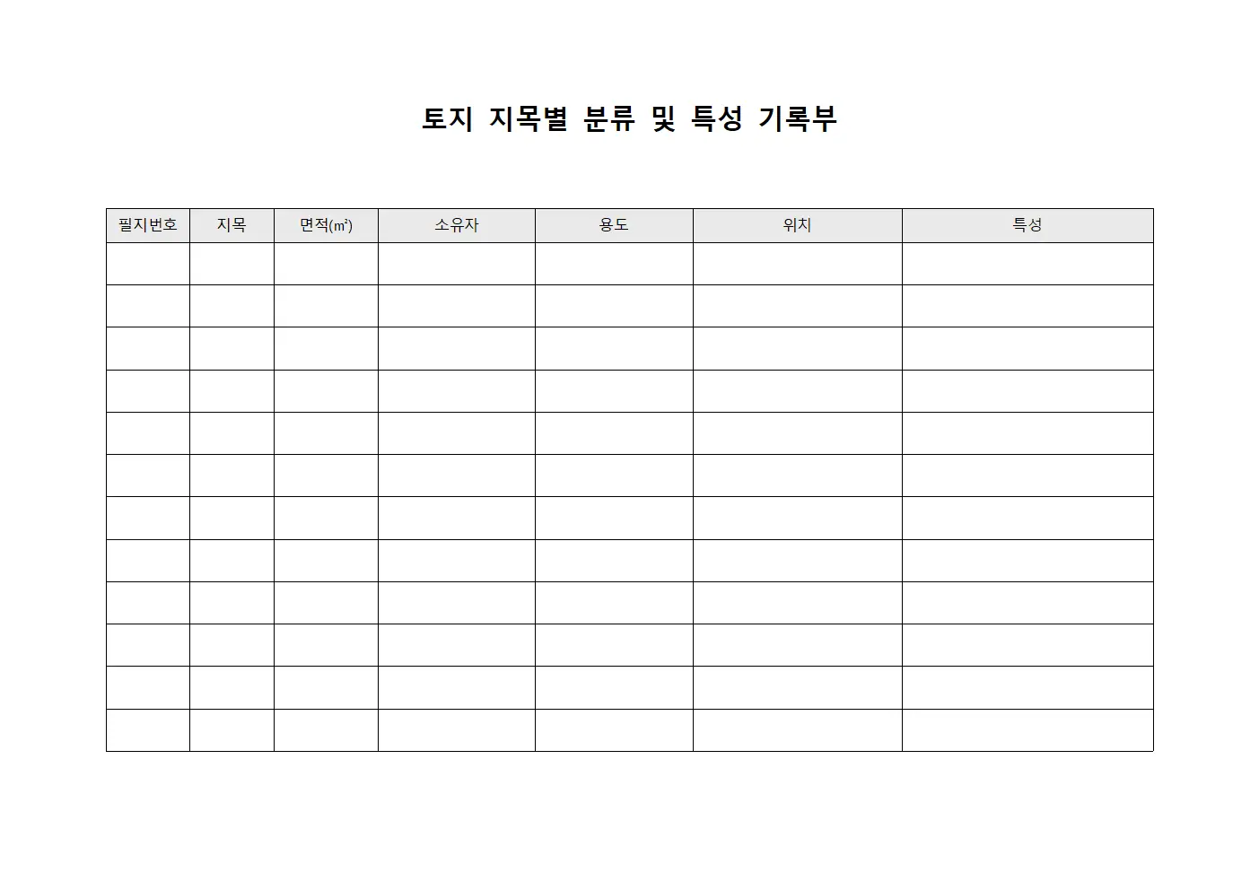 토지 지목별 분류 및 특성 기록부