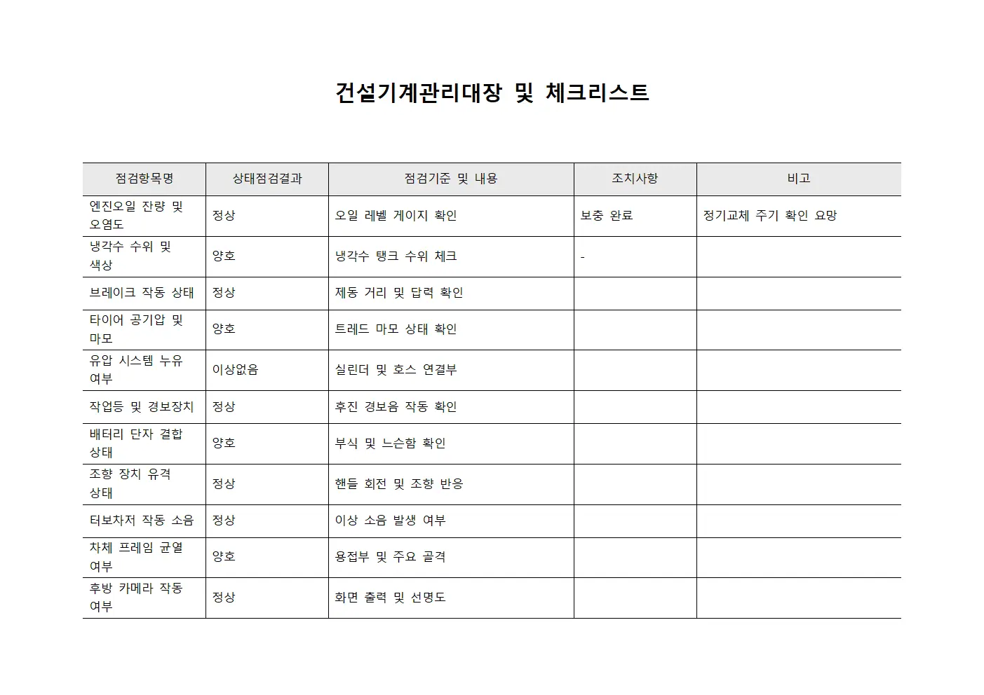 건설기계관리대장 및 체크리스트 문서.서식