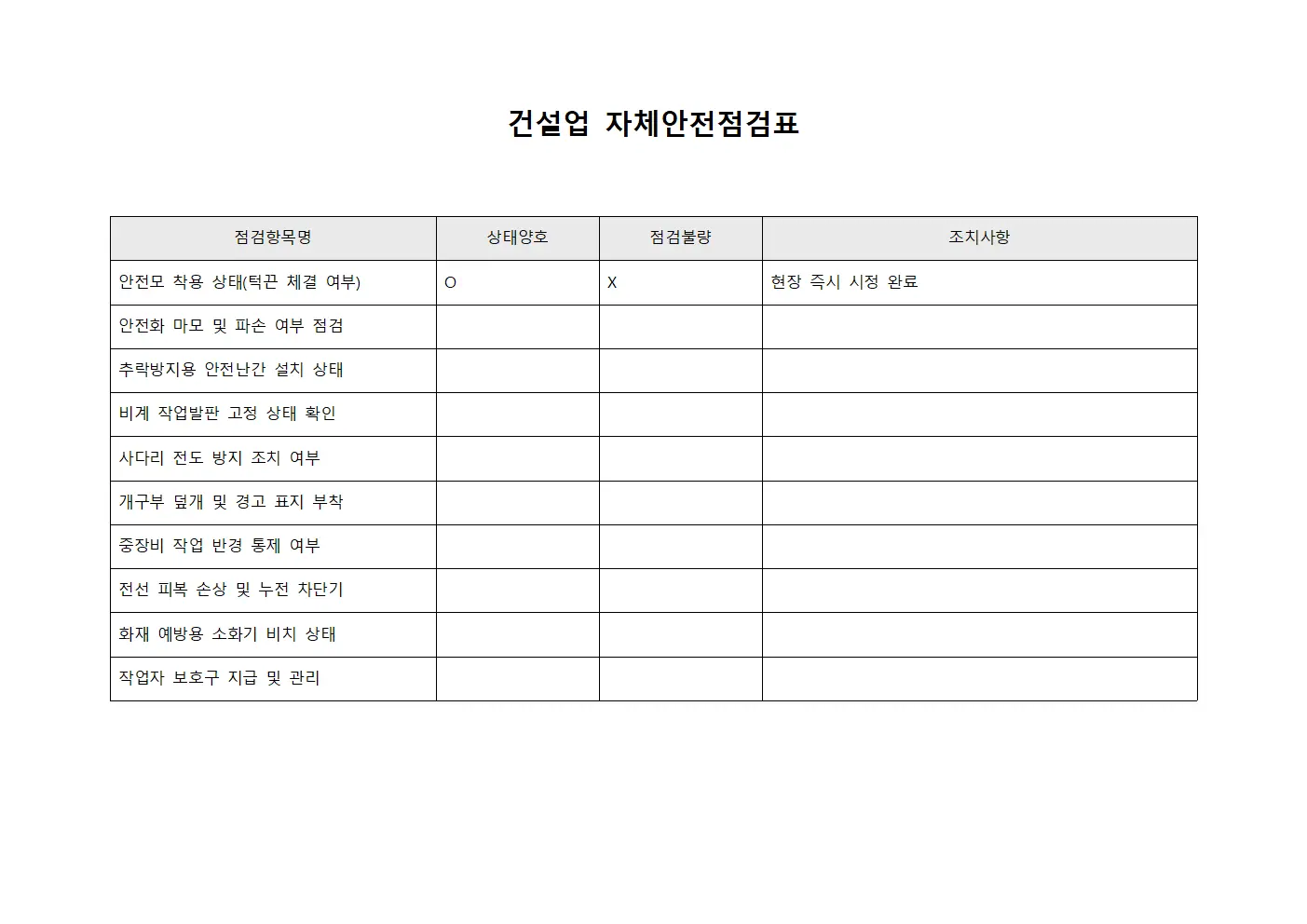 건설업 자체안전점검표 파일서식