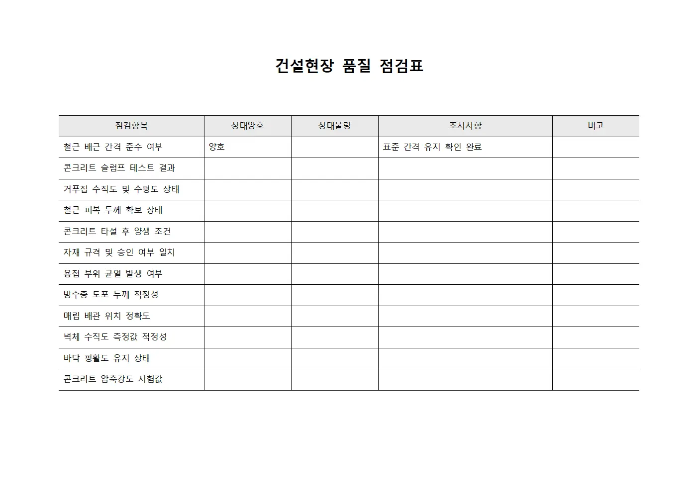 건설현장 품질 점검표