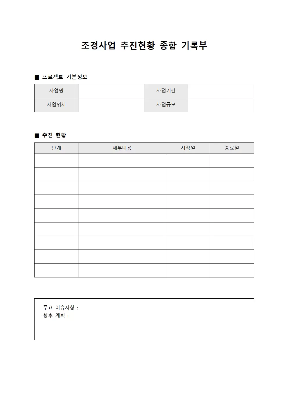조경사업 추진현황 종합 기록부