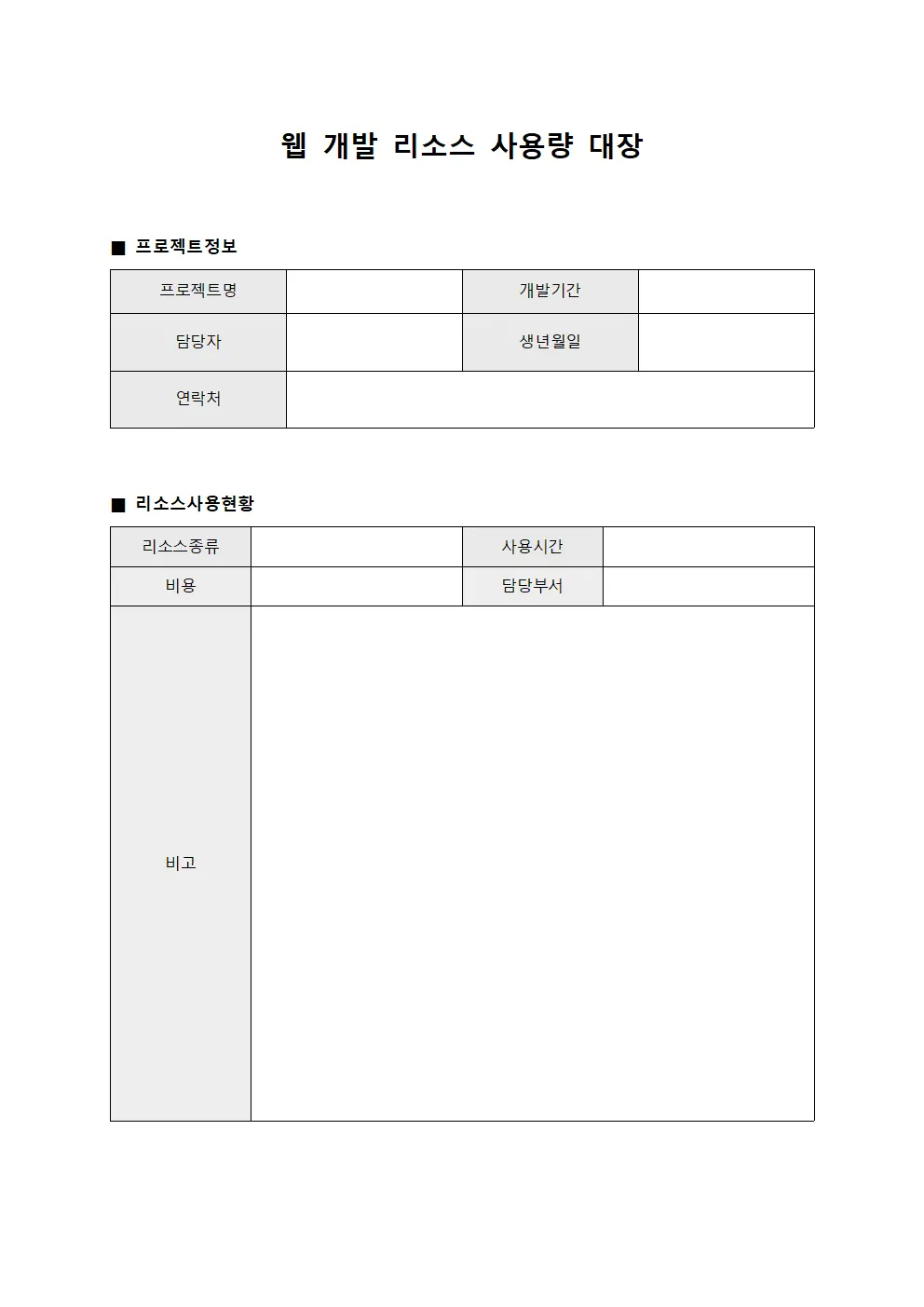 웹 개발 리소스 사용량 대장 양식파일