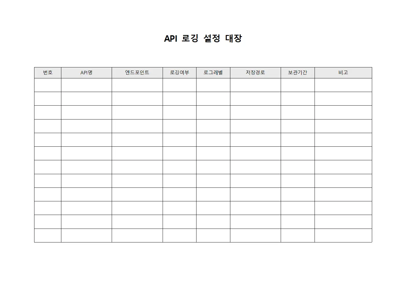 API 로깅 설정 대장 양식.서식