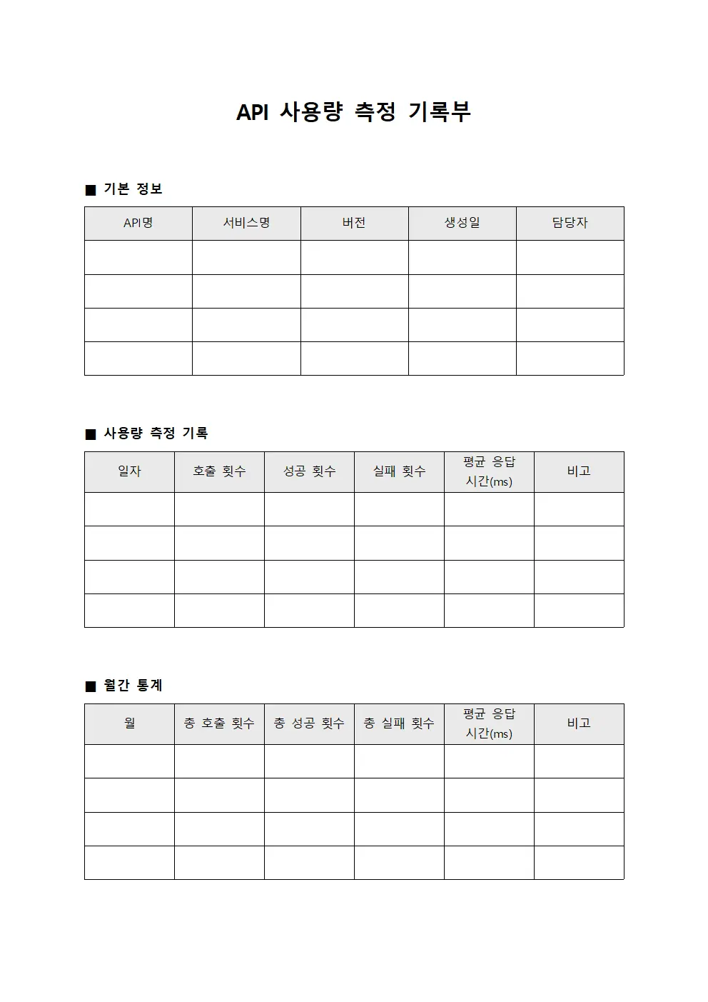 API 사용량 측정 기록부 문서서식