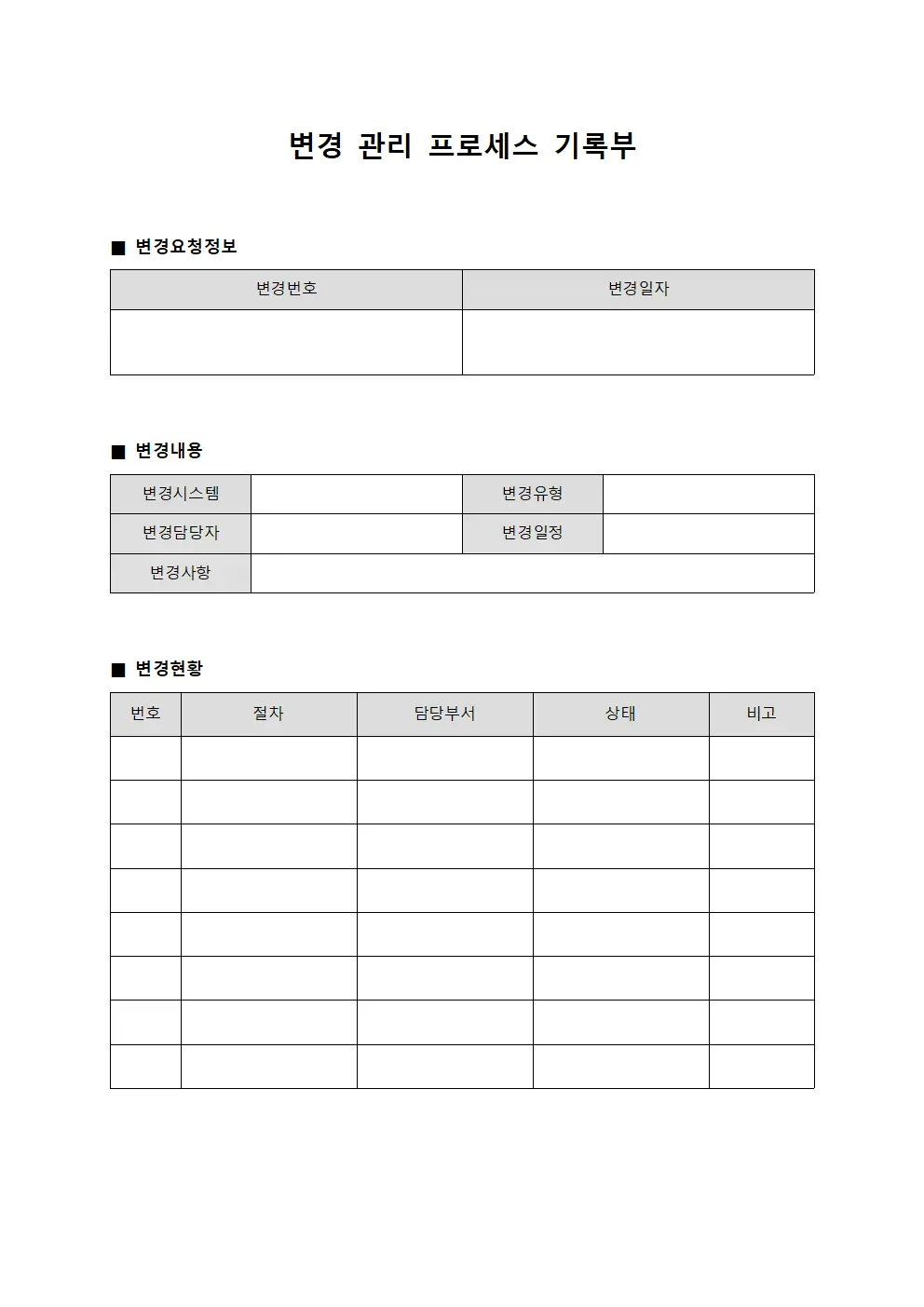 변경 관리 프로세스 기록부 파일양식