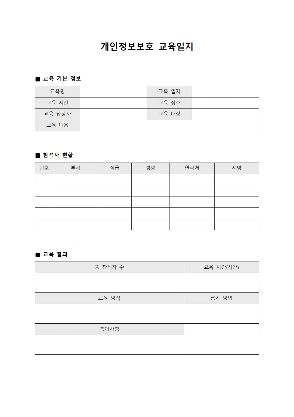 개인정보보호교육일지 및 보안담당자교육현황 서식문서