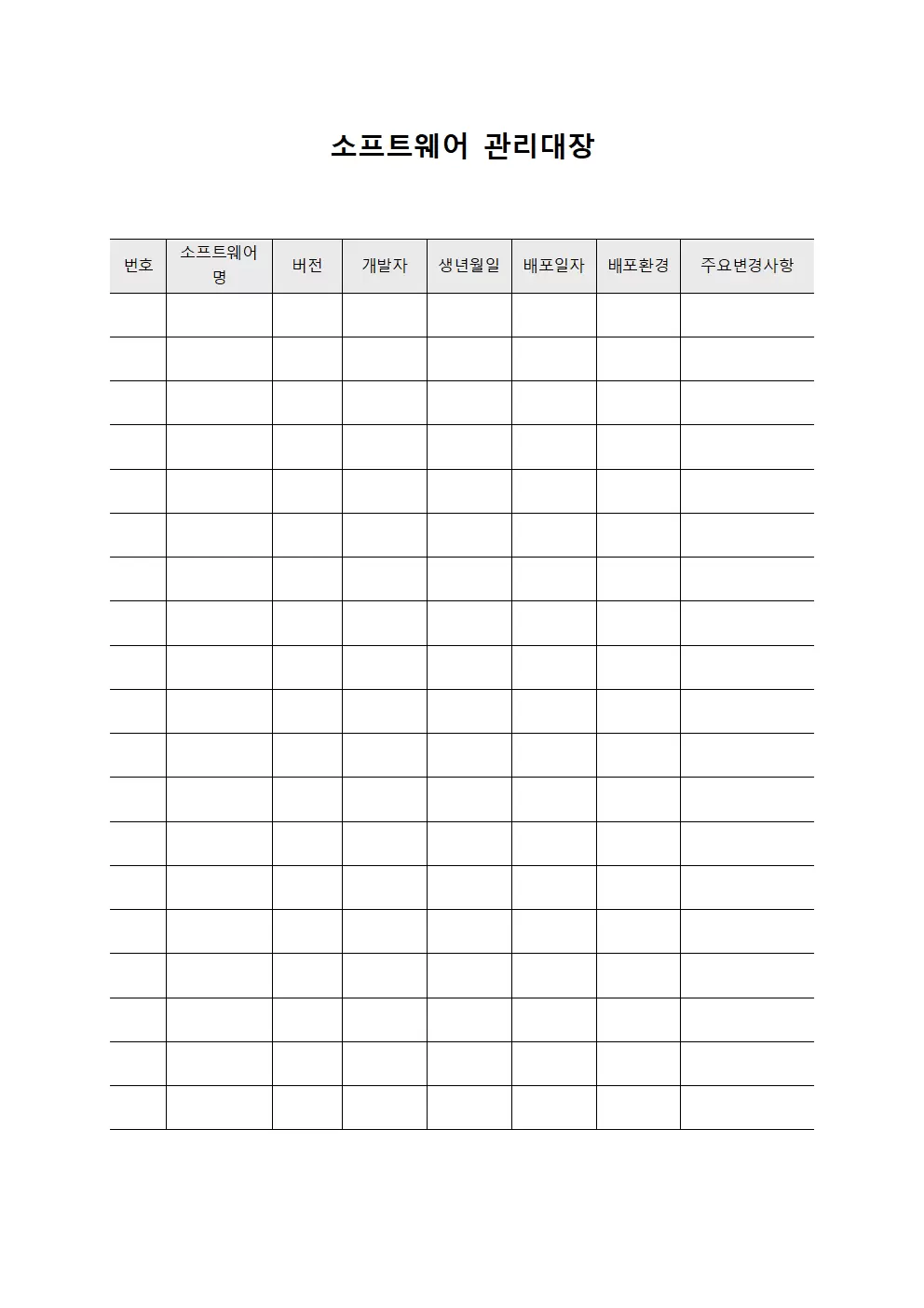 소프트웨어관리대장 (개발자배포현황)