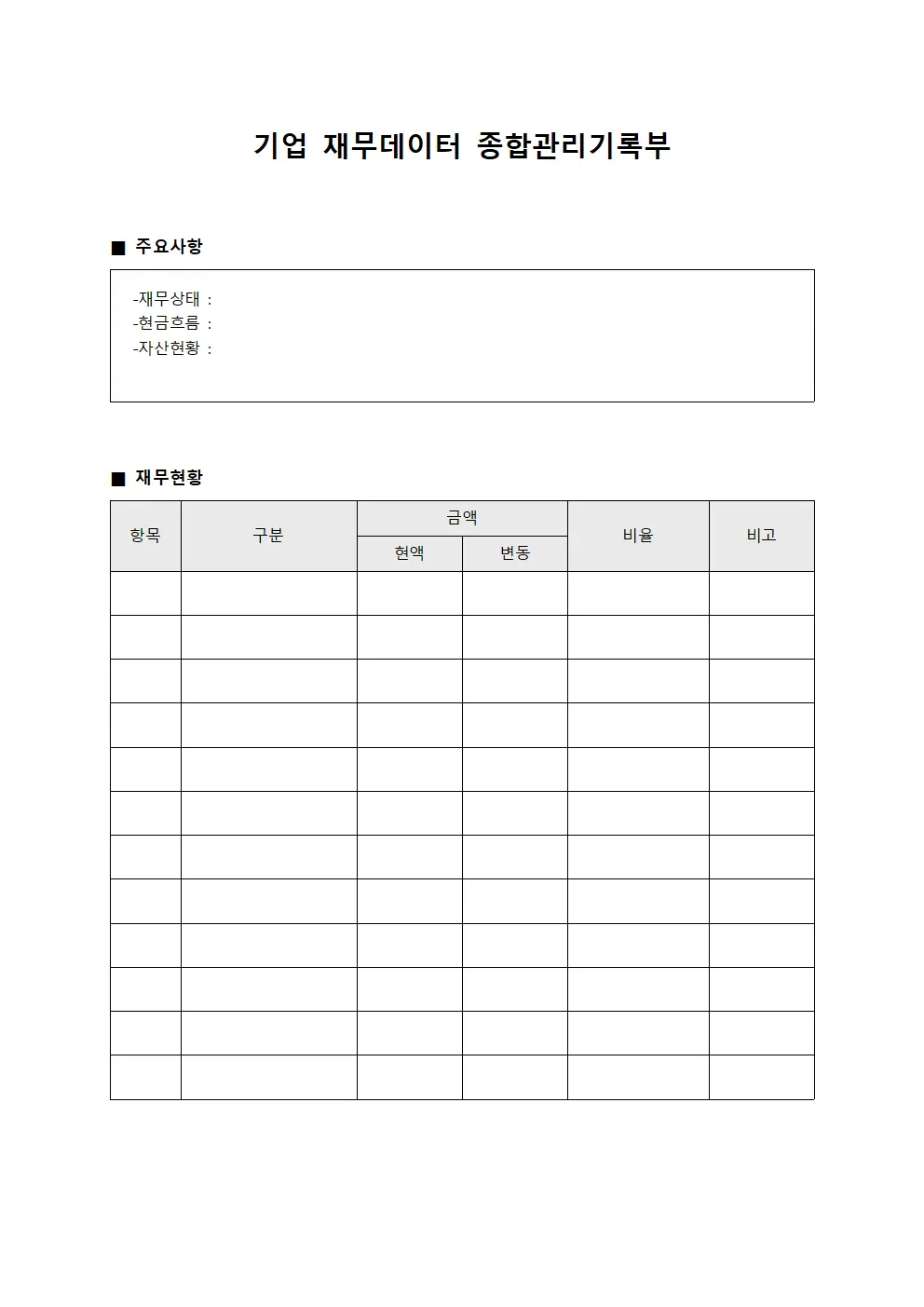 기업 재무데이터 종합관리기록부 양식