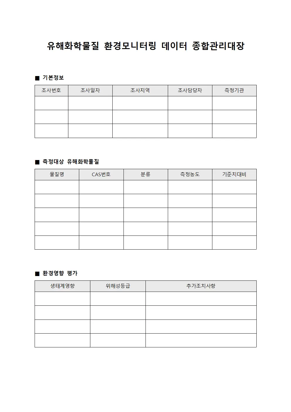 유해화학물질 환경모니터링 데이터 종합관리대장