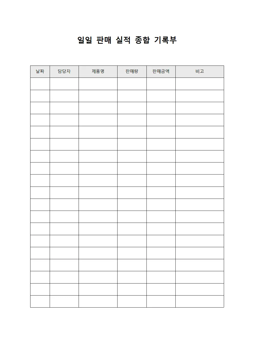 일일 판매 실적 종합 기록부 문서양식