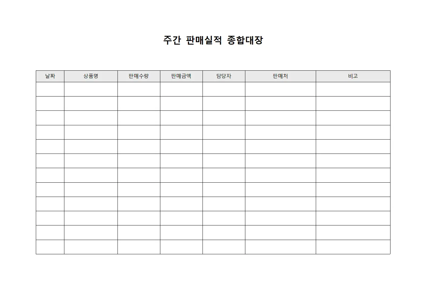 주간 판매실적 종합대장 문서양식