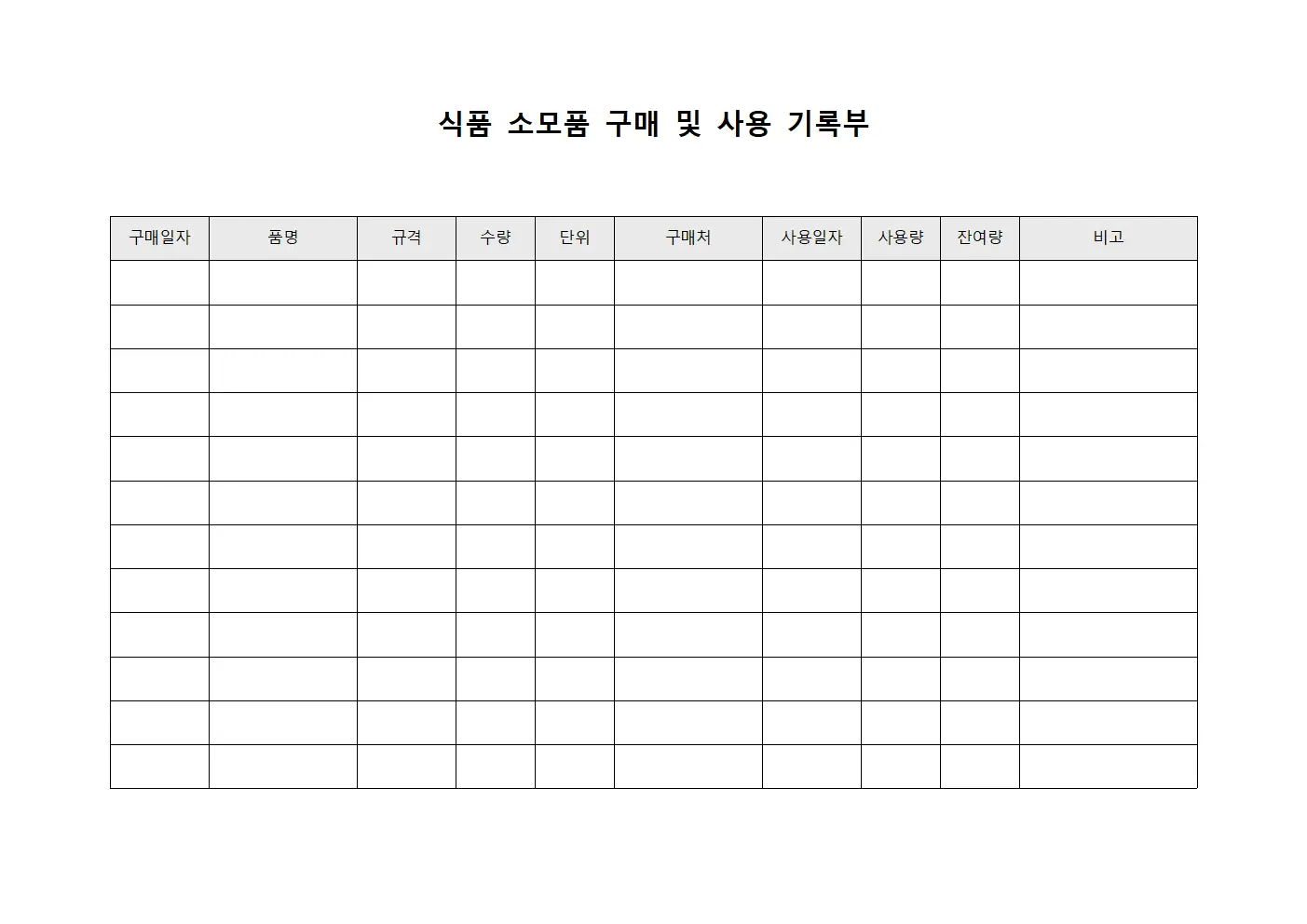 식품 소모품 구매 및 사용 기록부