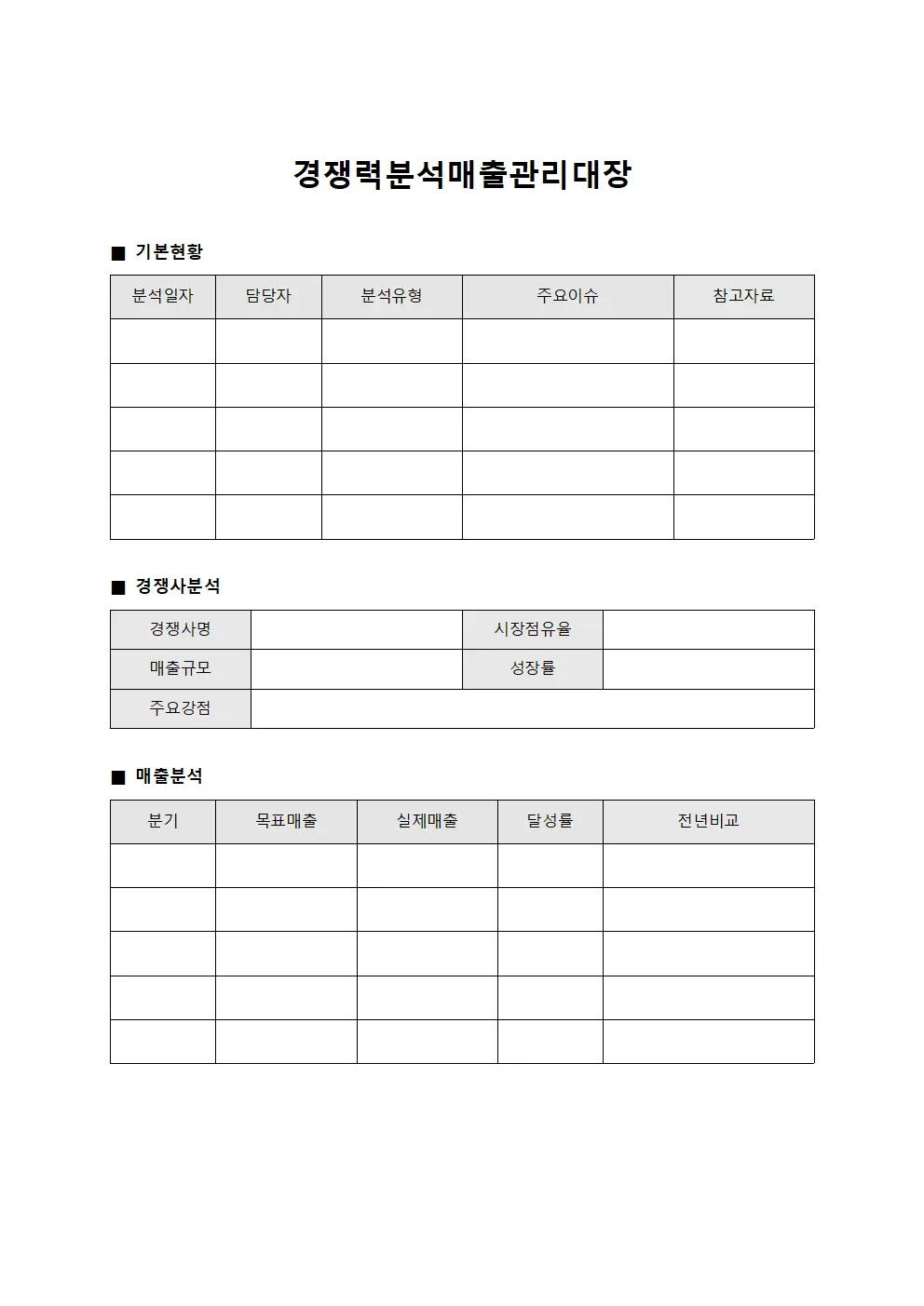 경쟁력분석매출관리대장 서식