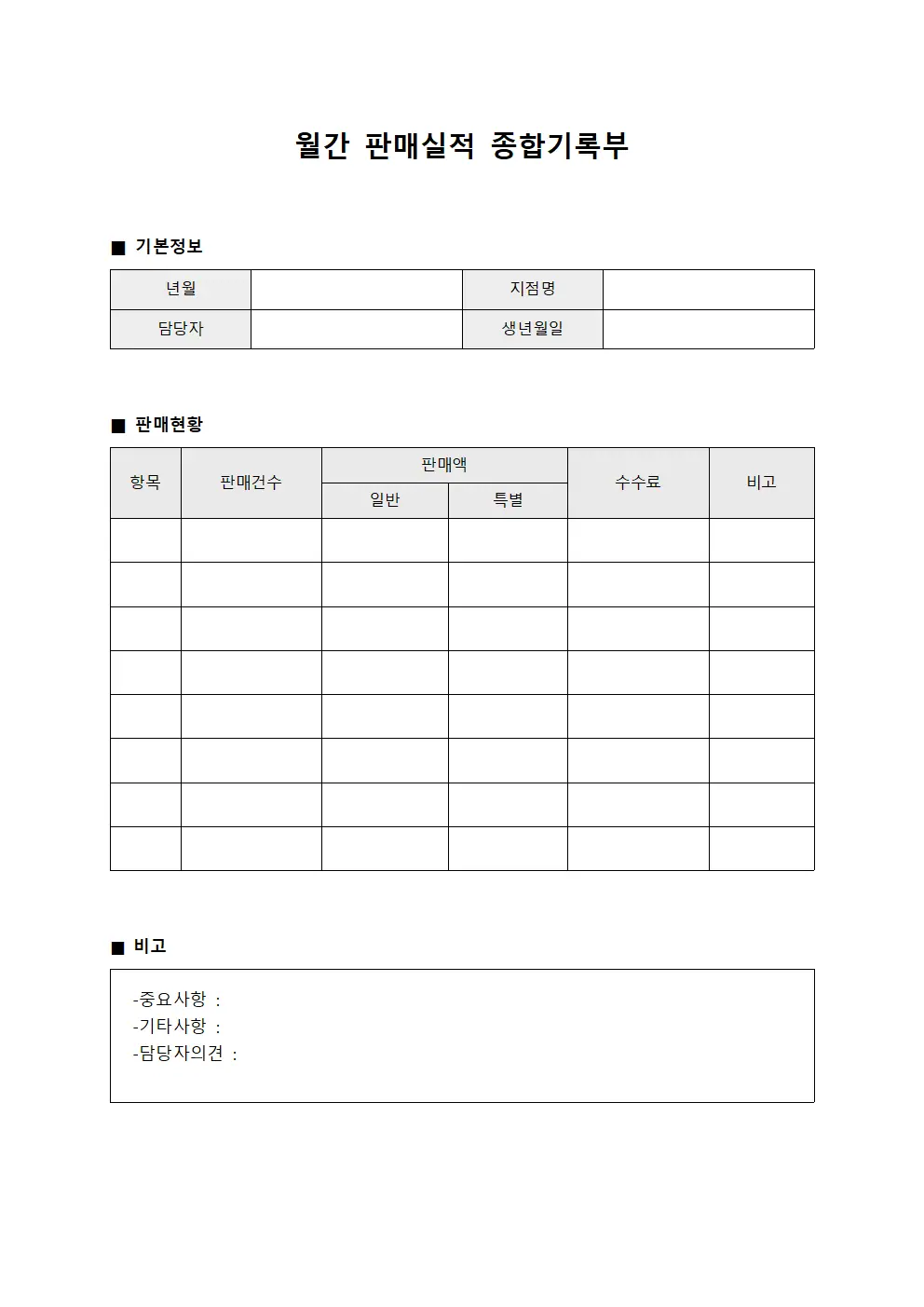 월간 판매실적 종합기록부