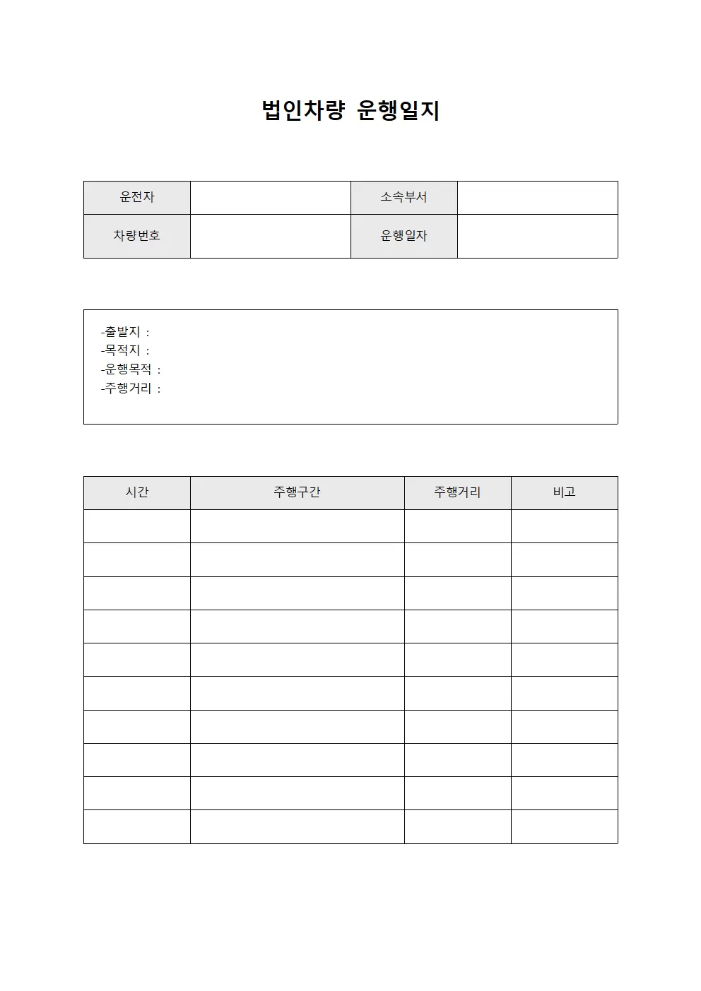 일일 차량 운행일지 점검표