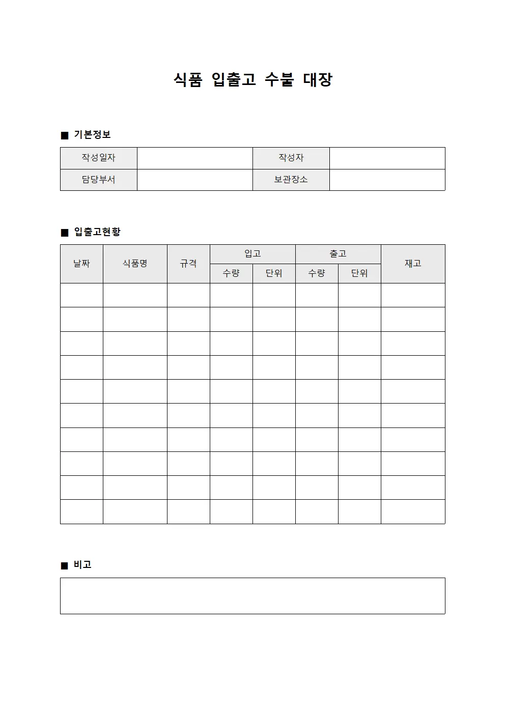 식품입출고수불대장