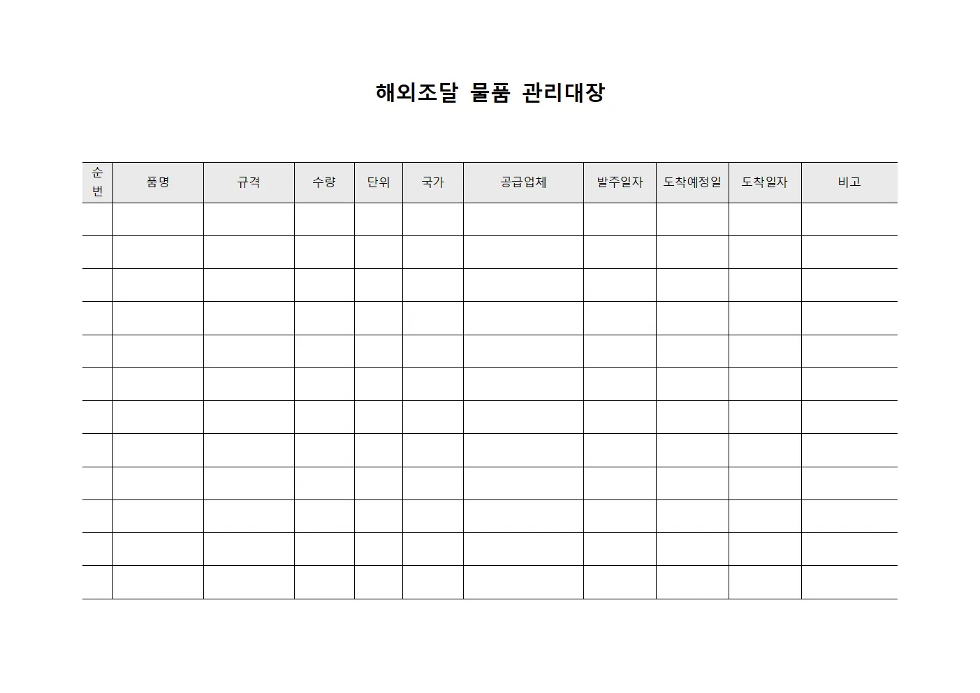 해외조달 물품 관리대장