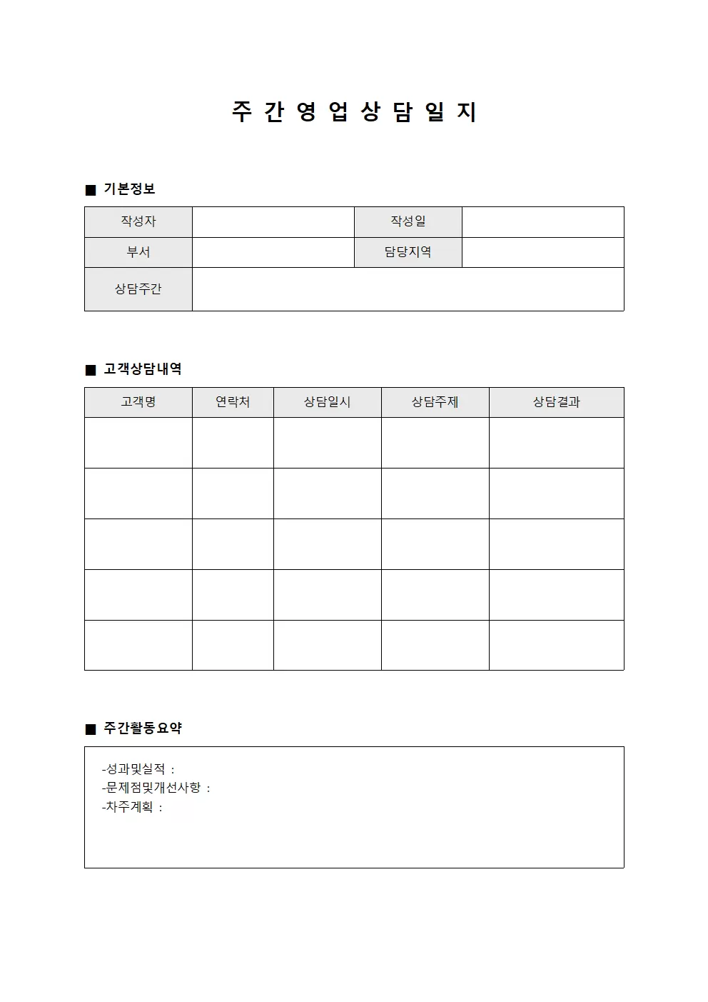 주간 영업상담일지 서식