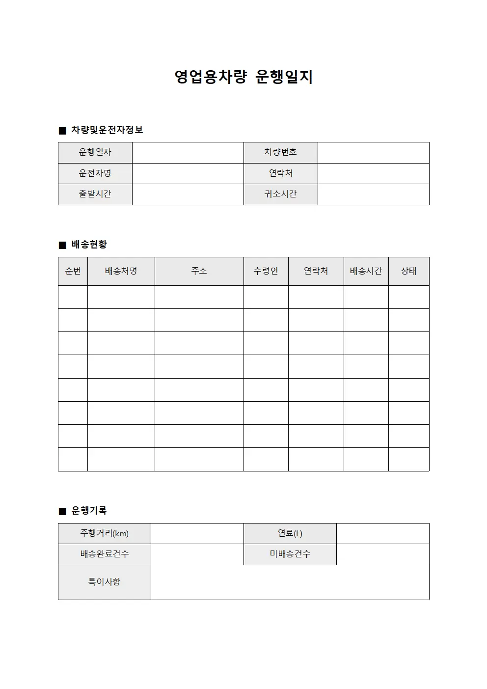 배송 차량 운행일지 및 배송 현황