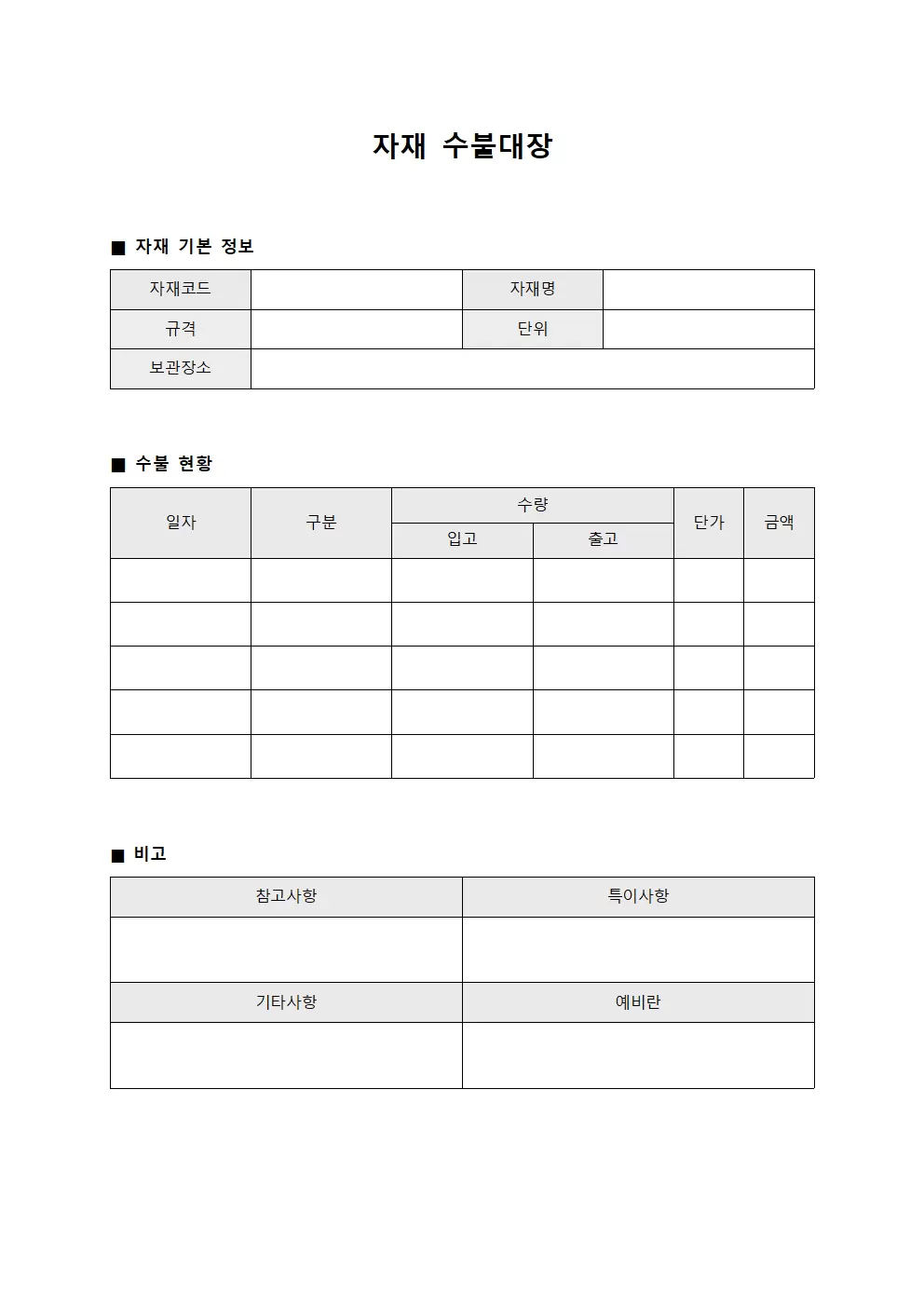 재고증감현황 자재수불대장