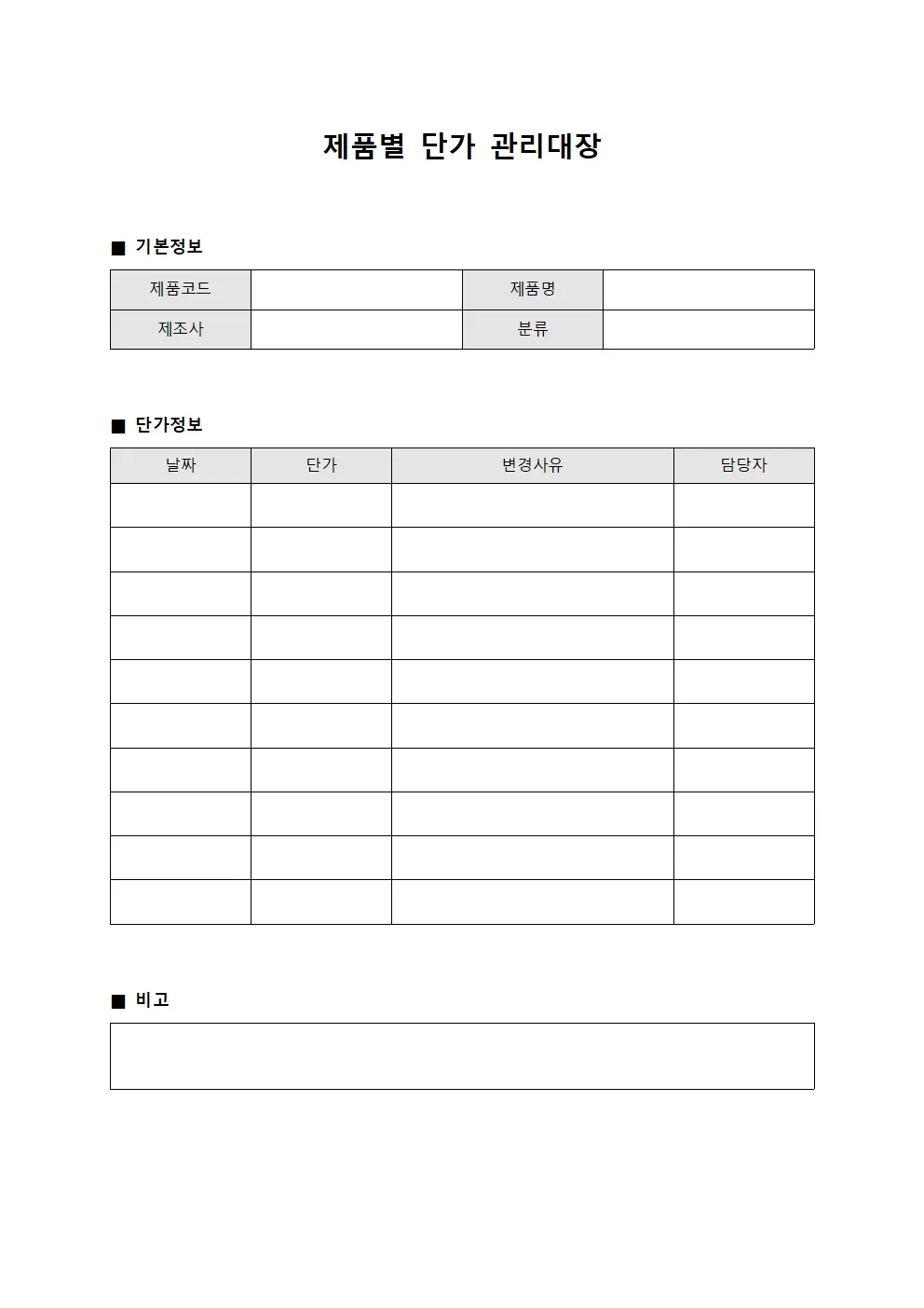 제품별단가관리대장 (금액일지)