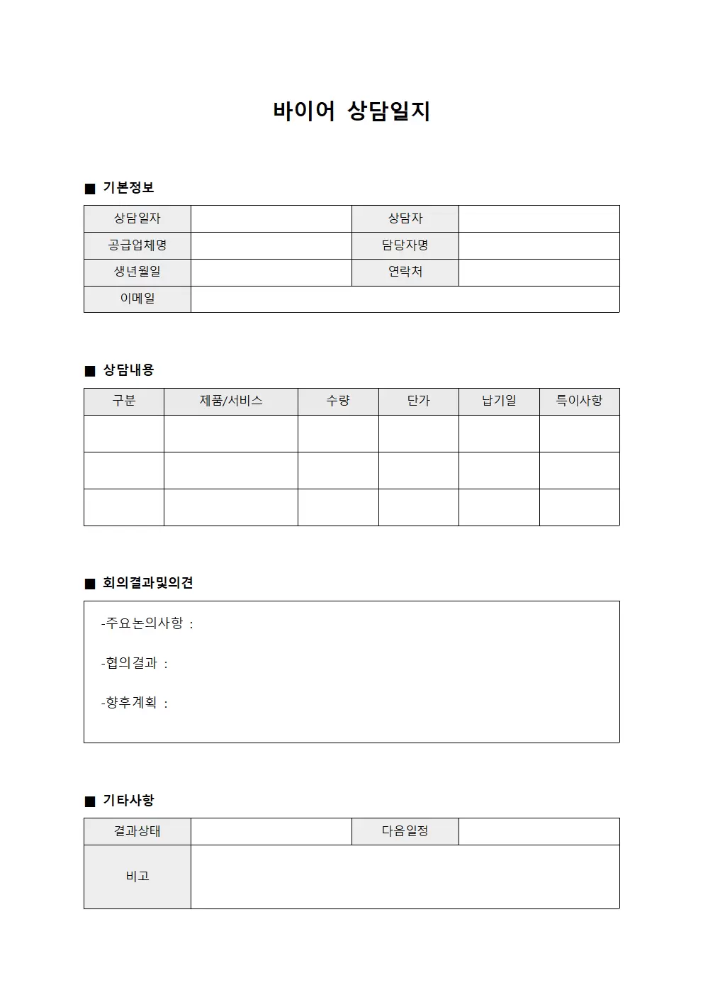 바이어상담일지 (공급업체회의록)