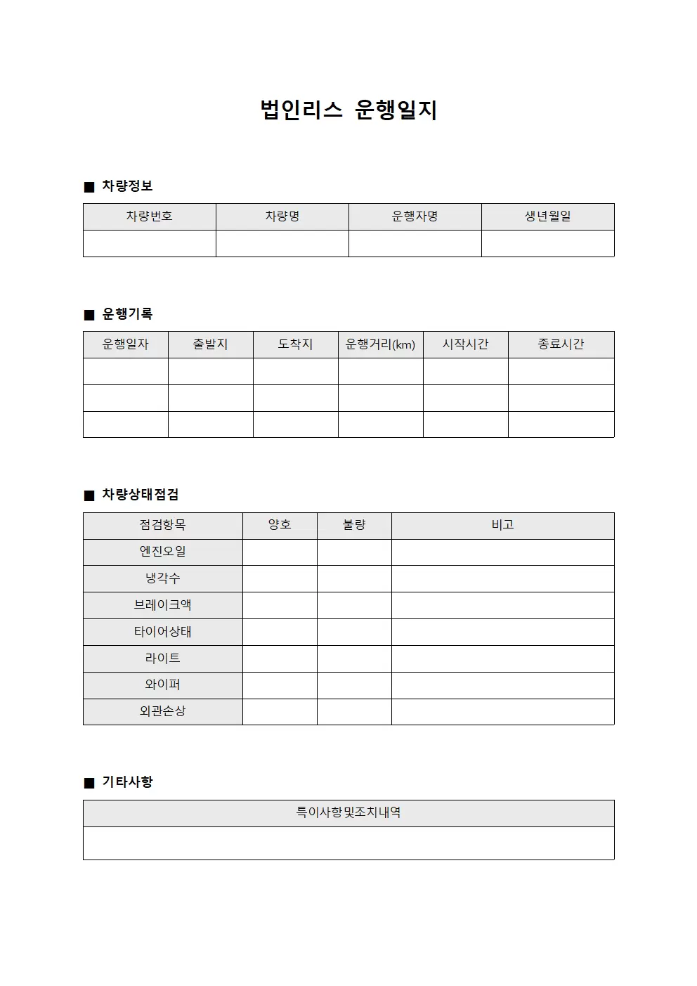 차량상태 법인리스운행일지 점검표 양식파일
