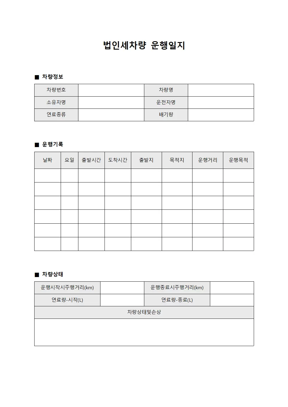 법인세차량운행일지 (차량상태보고)
