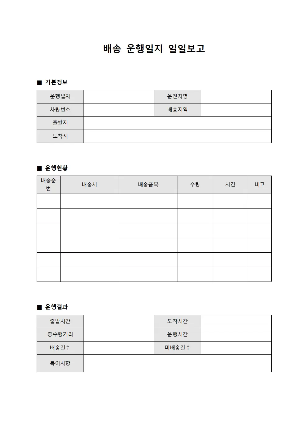 배송 운행일지 일일보고