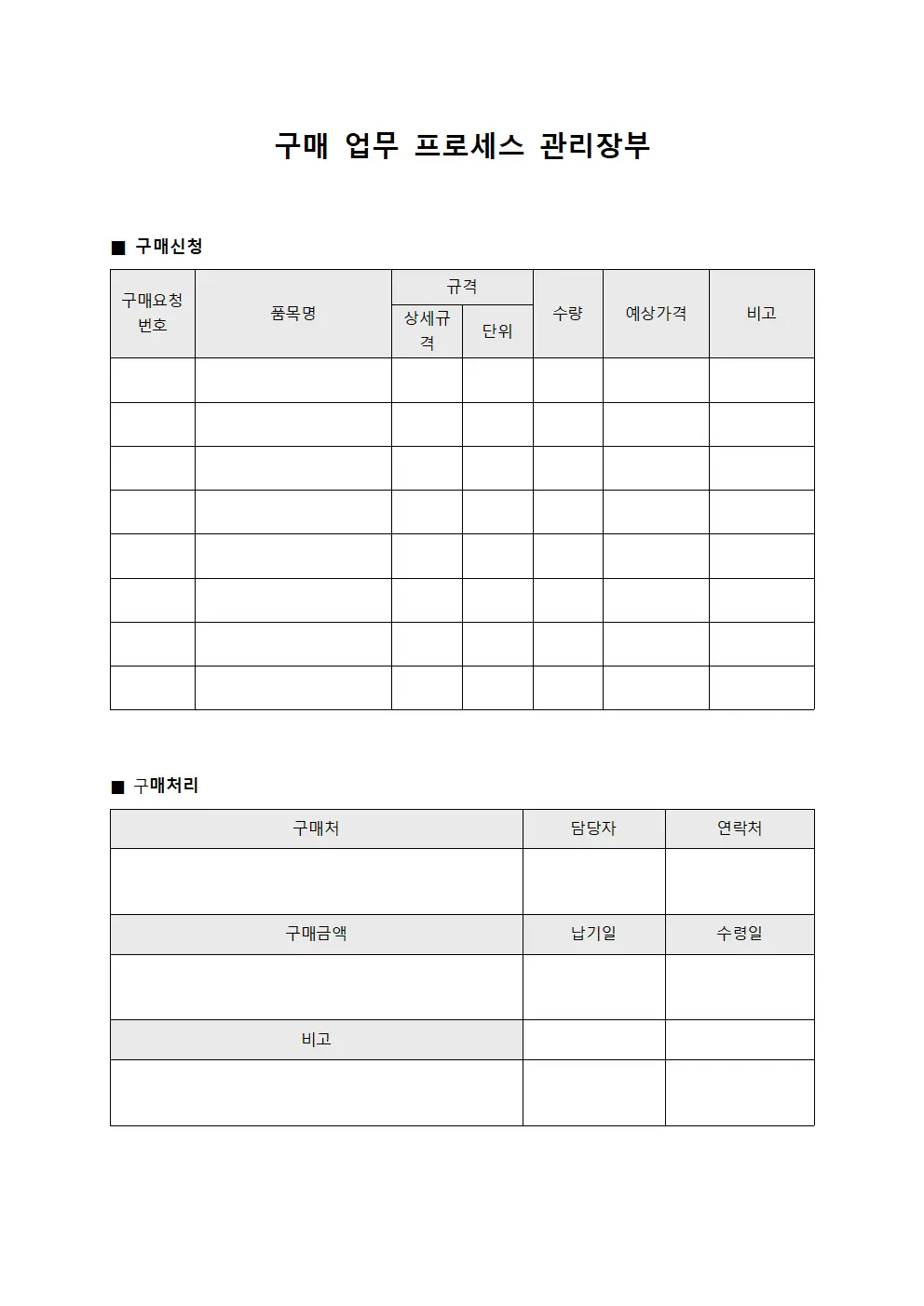 구매 업무 프로세스 관리장부 템플릿