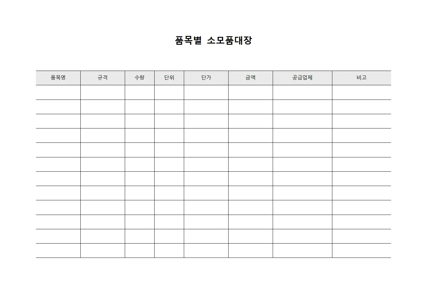 판매처 품목별소모품대장 공급내역 문서.양식