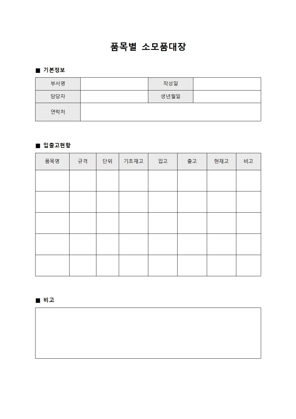품목별소모품대장 (상품 입출고 현황)