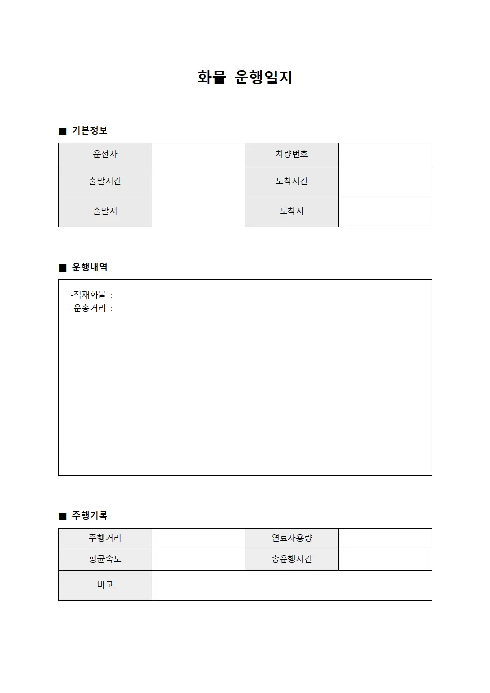 화물운행일지 (배송처방문)