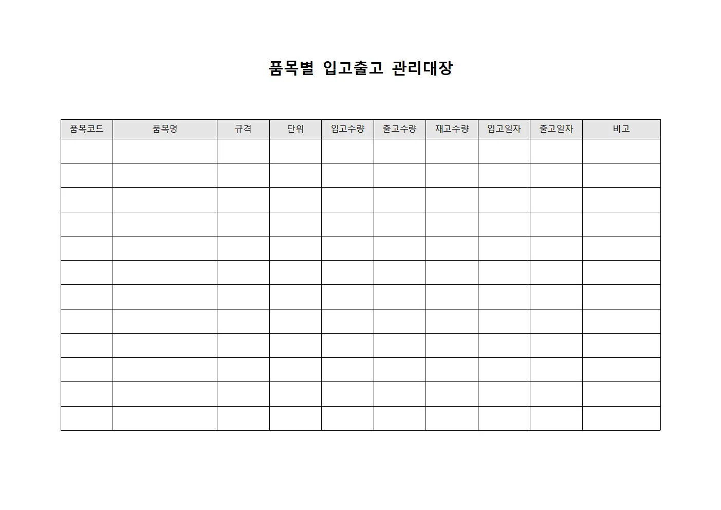 품목별 입고출고 관리대장