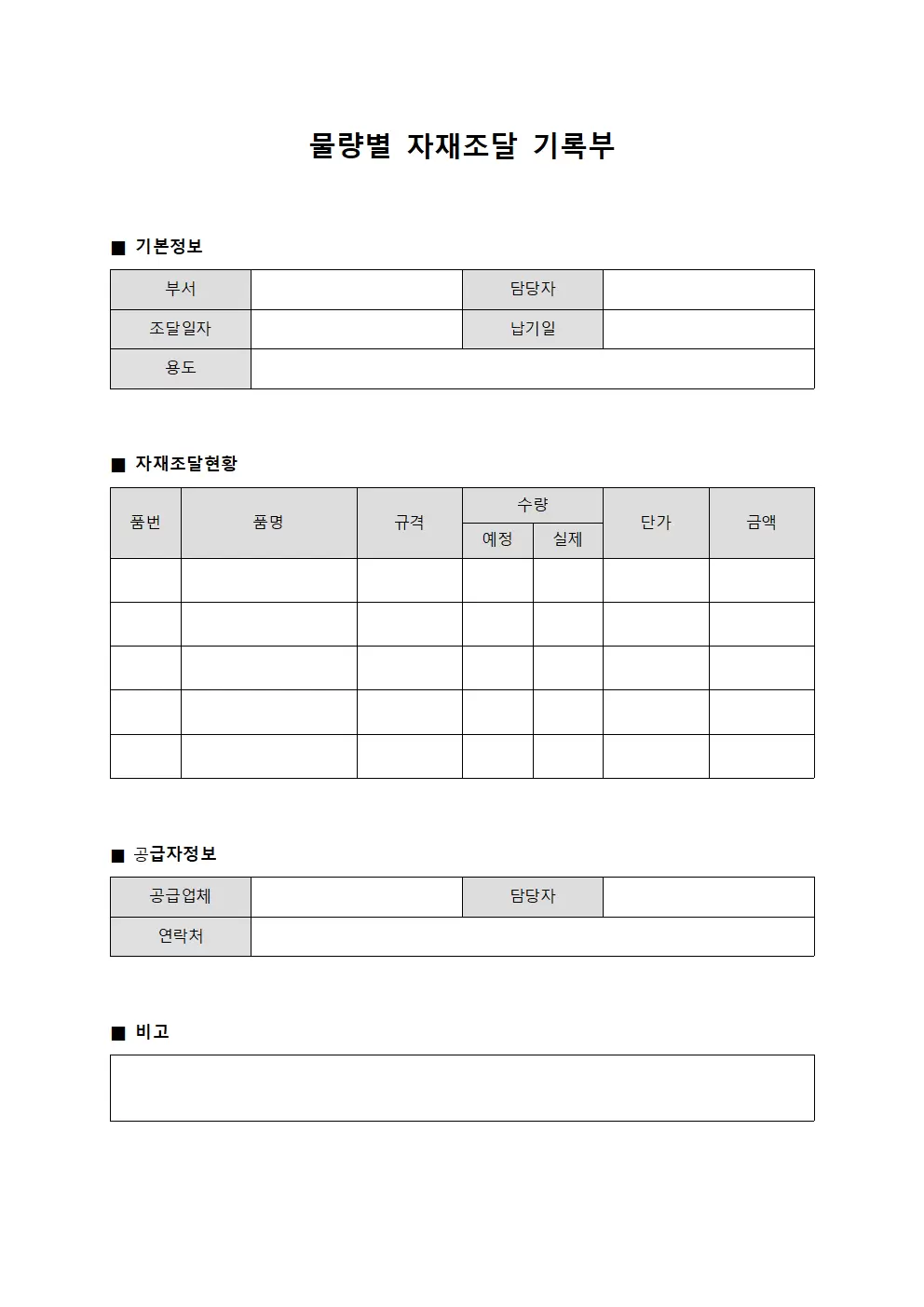 물량별 자재조달 기록부