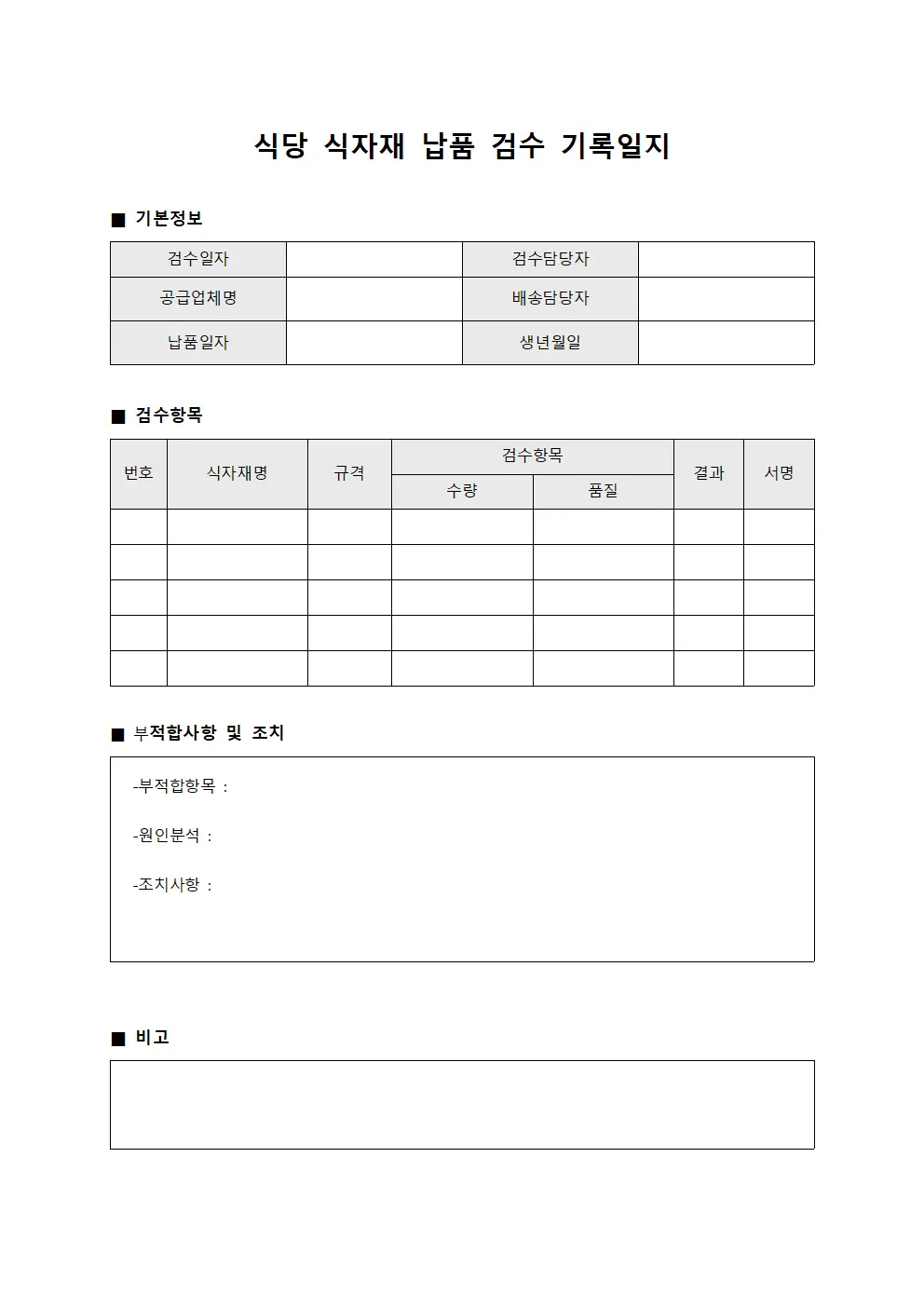 식당 식자재 납품 검수 기록일지