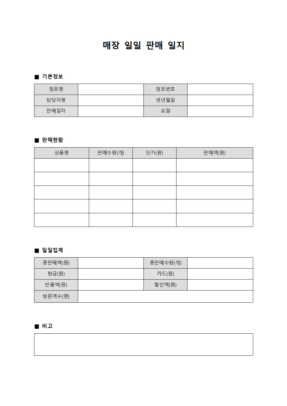 매장 일일 판매 일지 서식