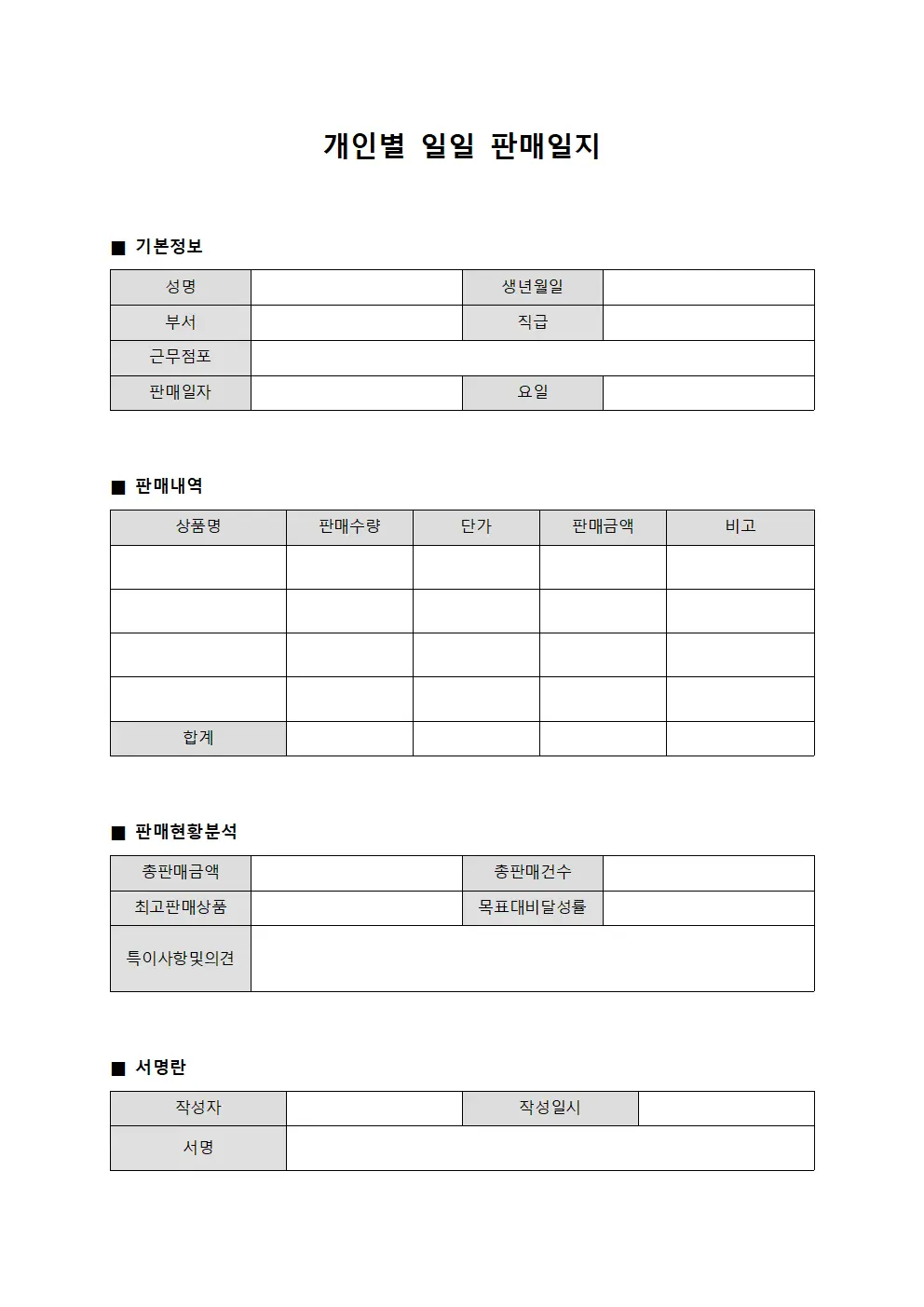 개인별 일일 판매일지