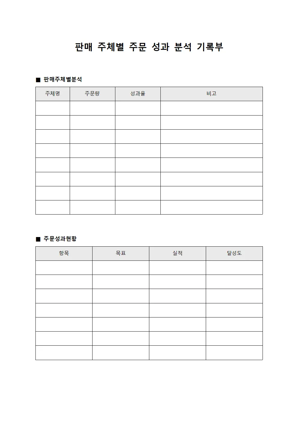 판매 주체별 주문 성과 분석 기록부 문서양식