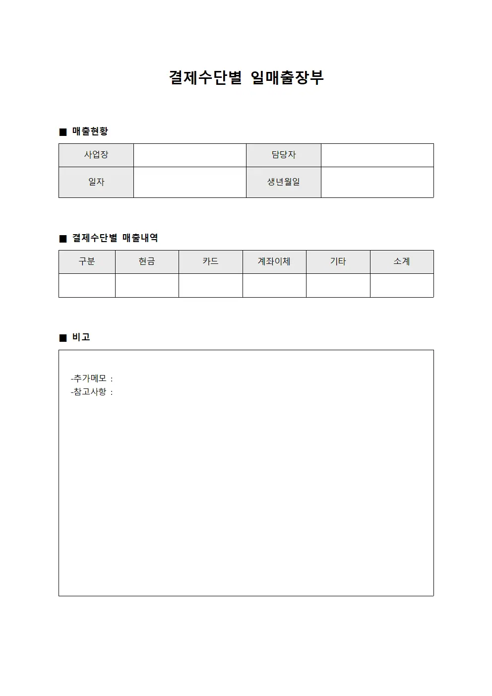 결제수단별 일매출장부 양식.서식