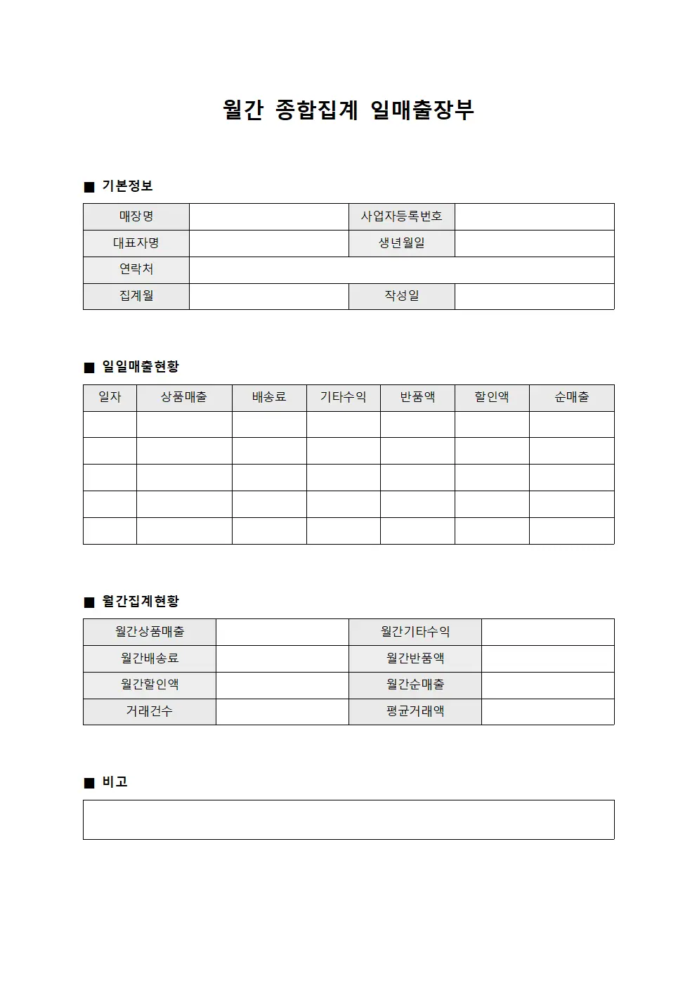 월간 종합집계 일매출장부