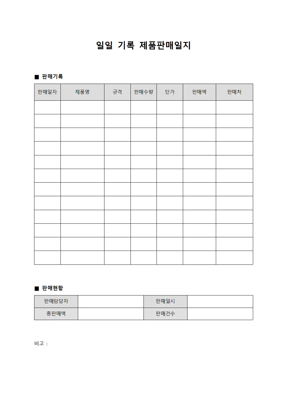 일일 기록 제품판매일지